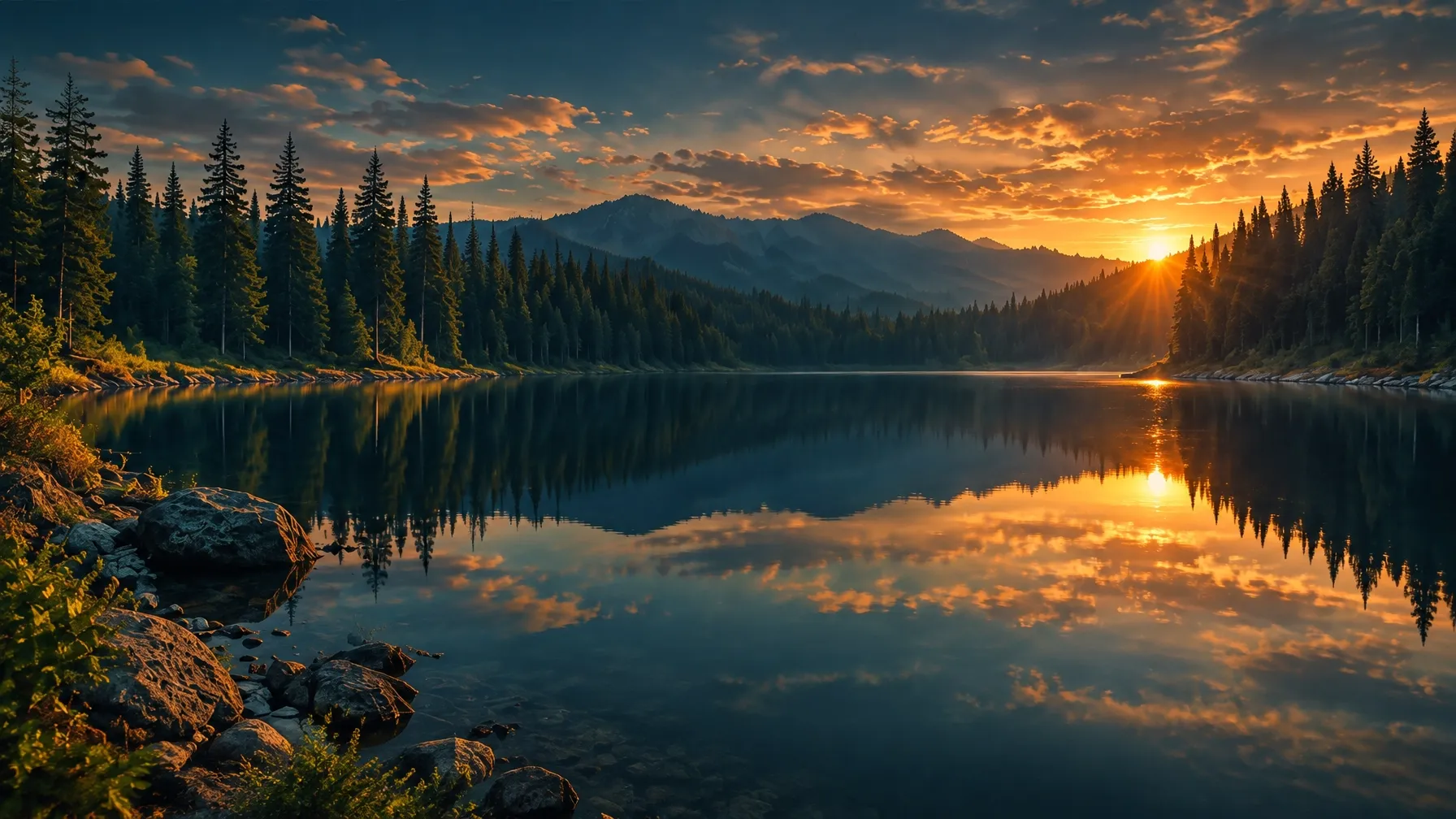 A still alpine lake reflecting evergreens and sunset light